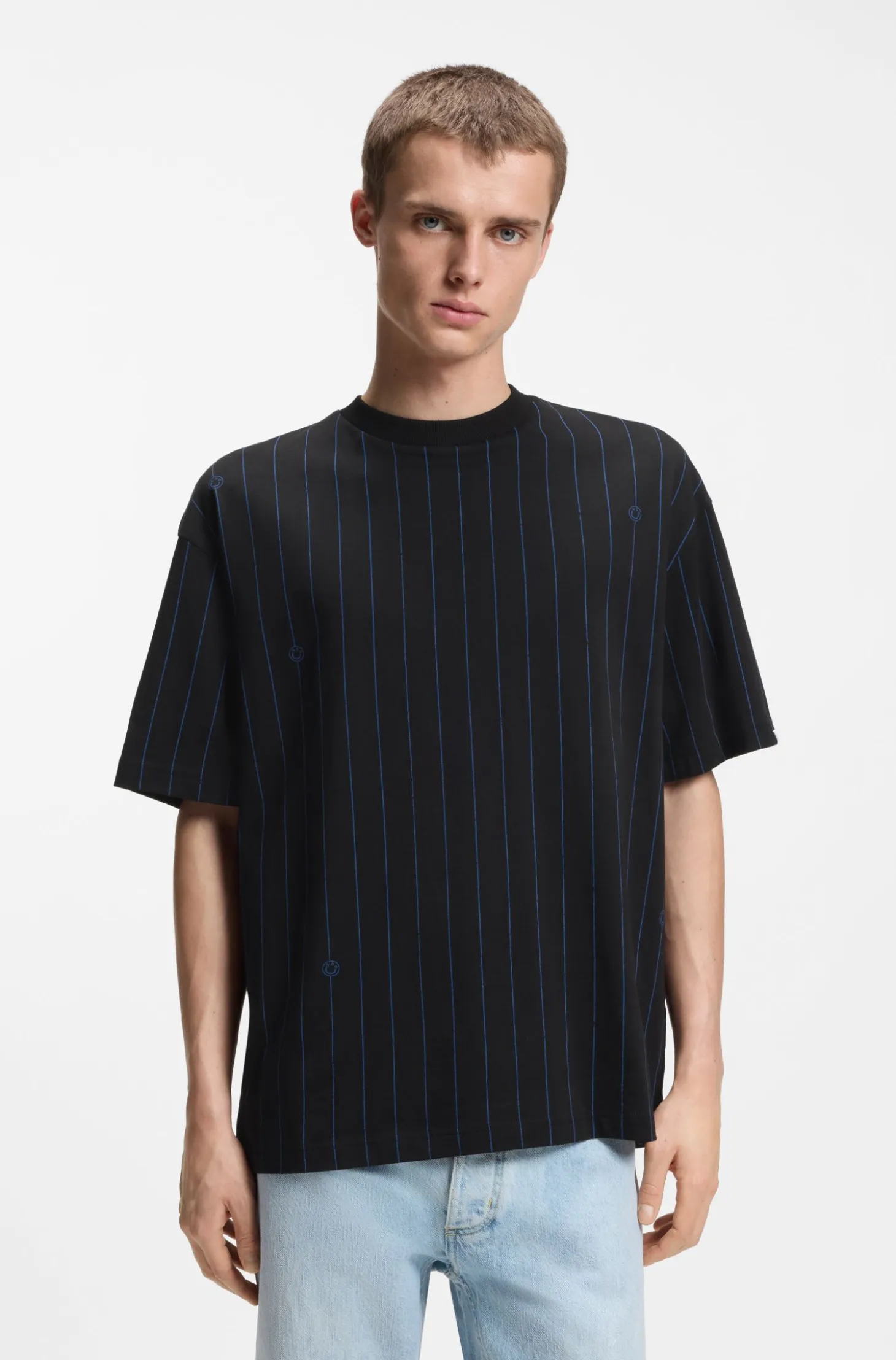 Cotton-jersey T-shirt with Happy HUGO logo stripe