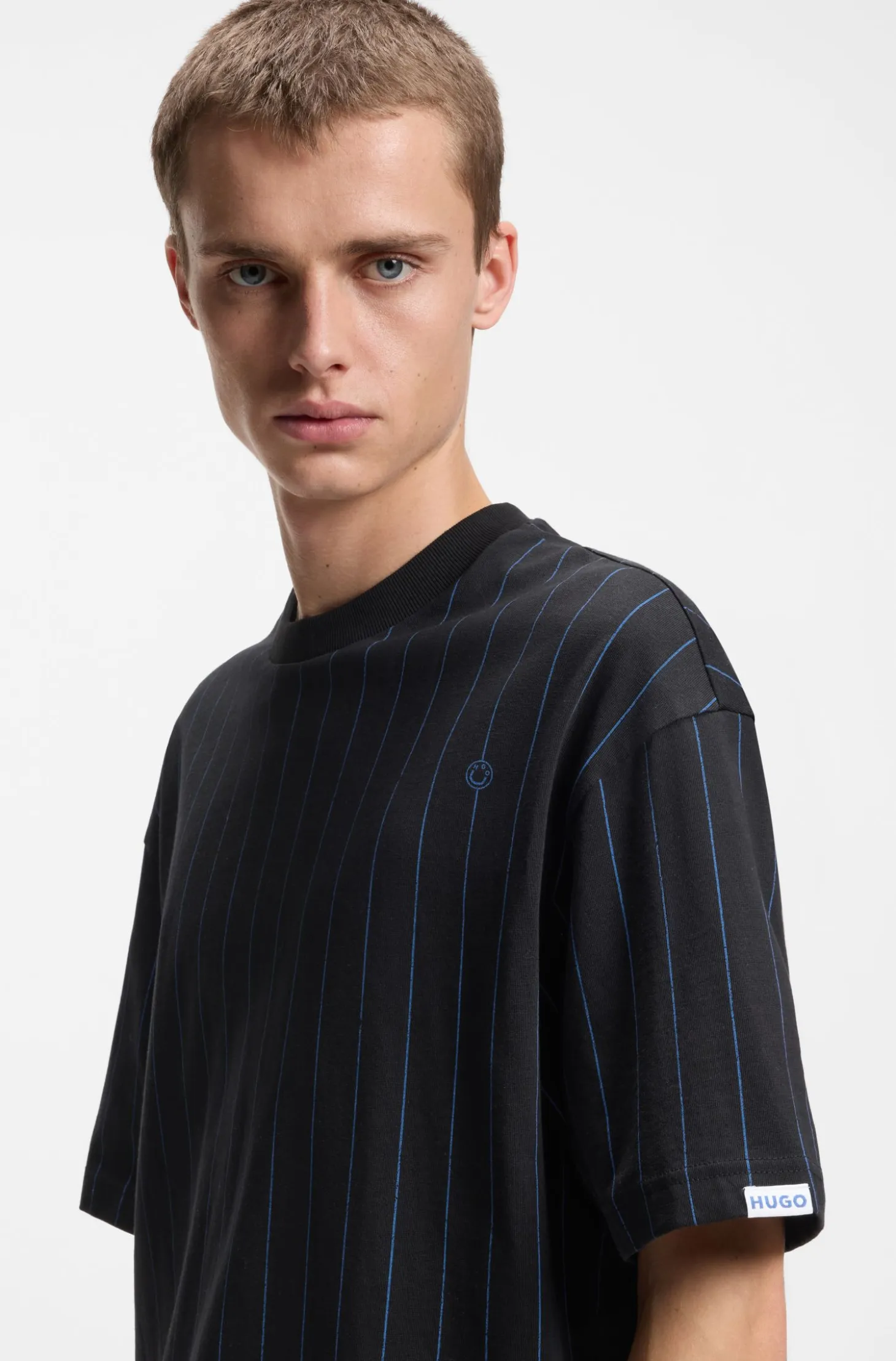 Cotton-jersey T-shirt with Happy HUGO logo stripe