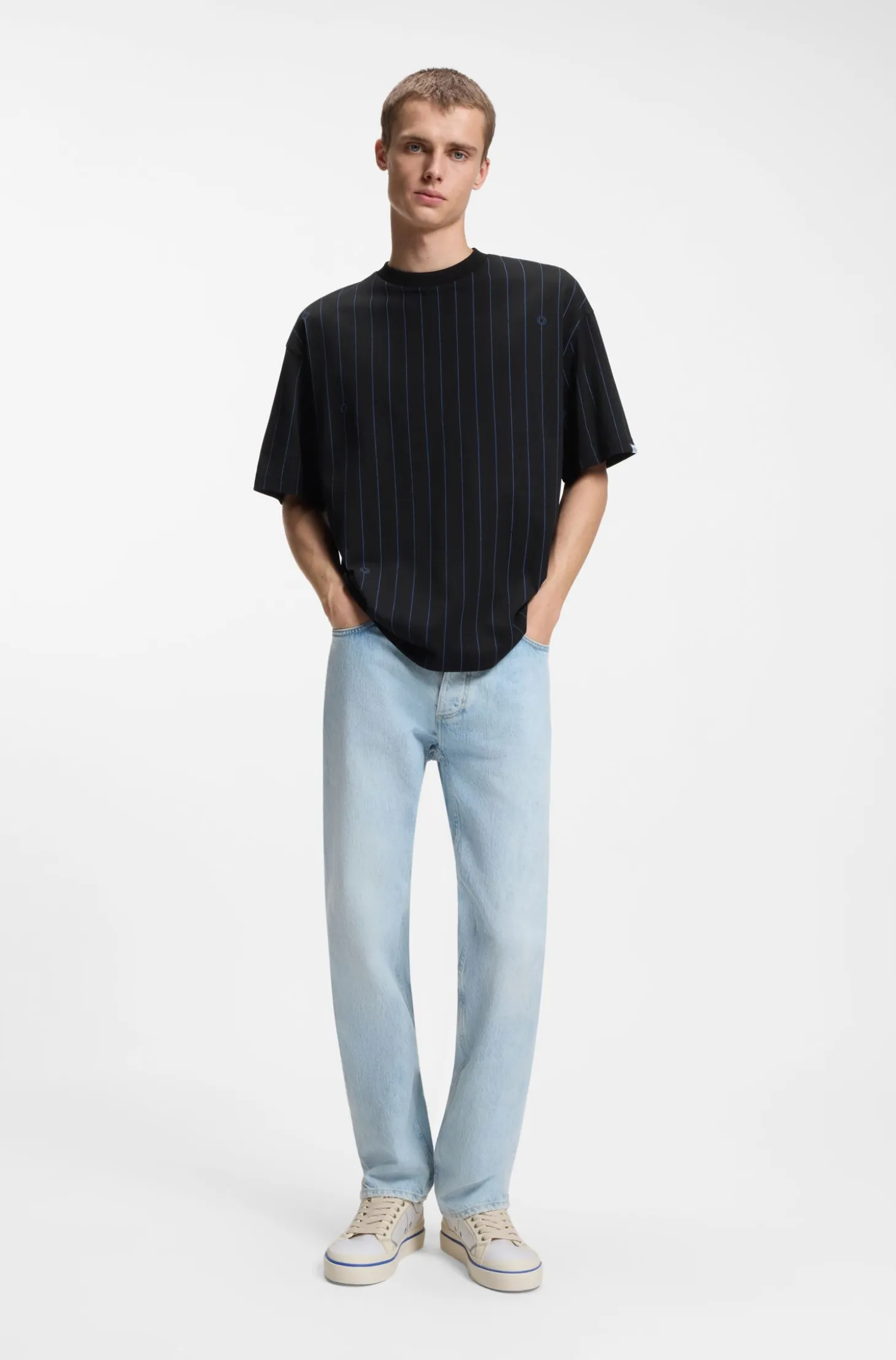 Cotton-jersey T-shirt with Happy HUGO logo stripe