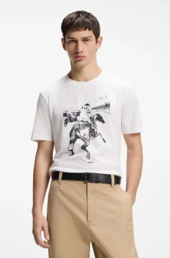 Cotton-jersey T-shirt with horse-racing artwork