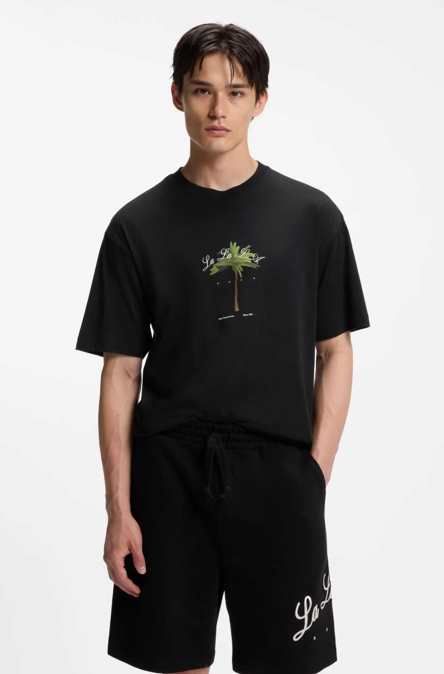 Cotton-jersey T-shirt with palm-tree artwork