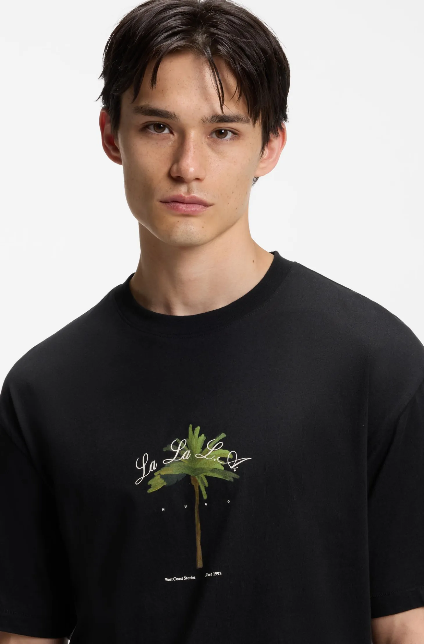 Cotton-jersey T-shirt with palm-tree artwork