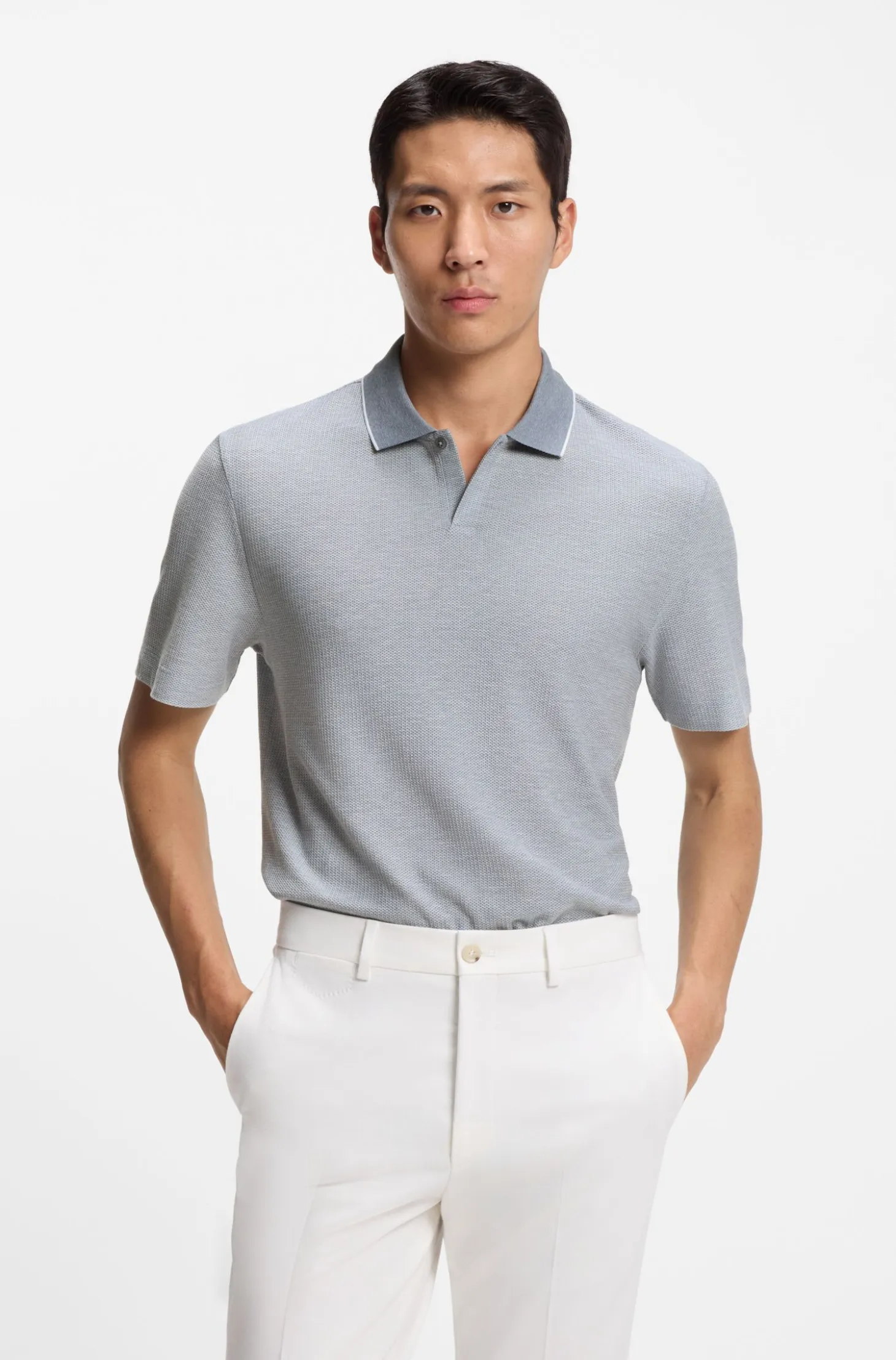 Cotton-silk polo shirt with three-tone structure