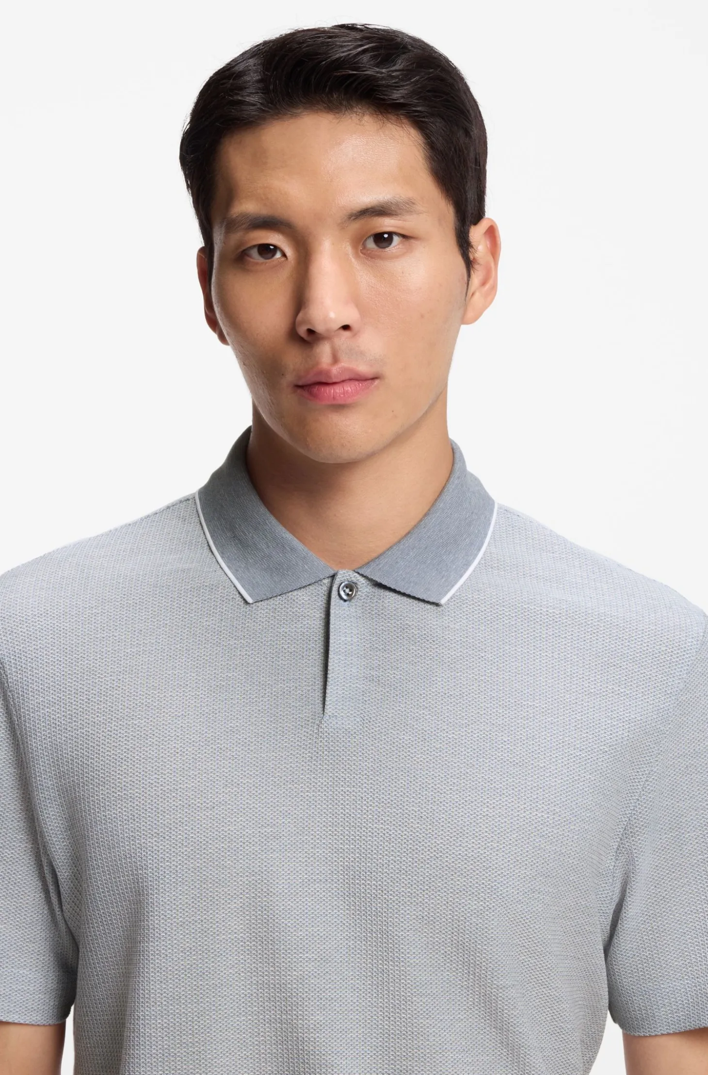 Cotton-silk polo shirt with three-tone structure