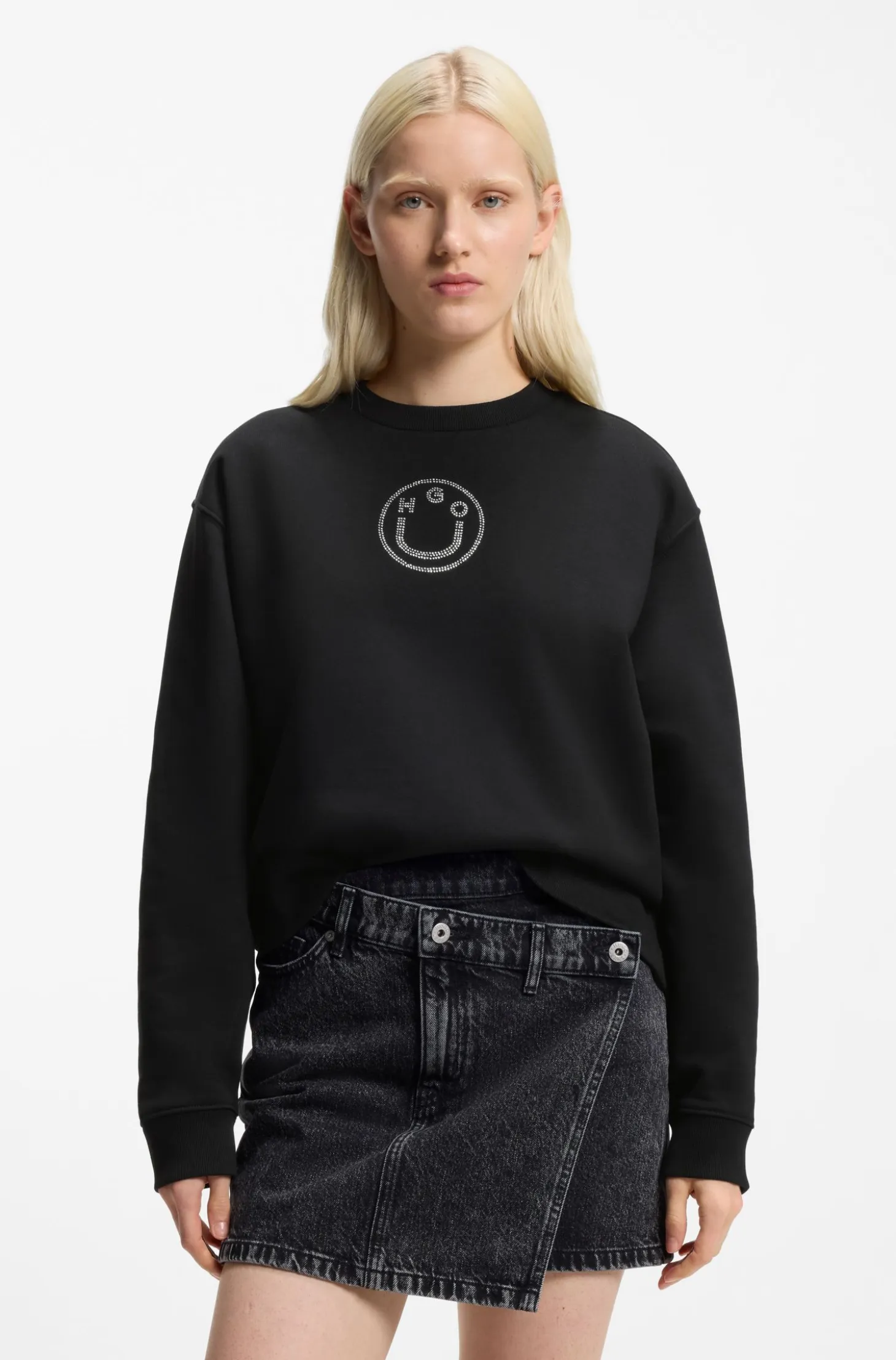 Cotton sweatshirt with rhinestone Happy HUGO logo