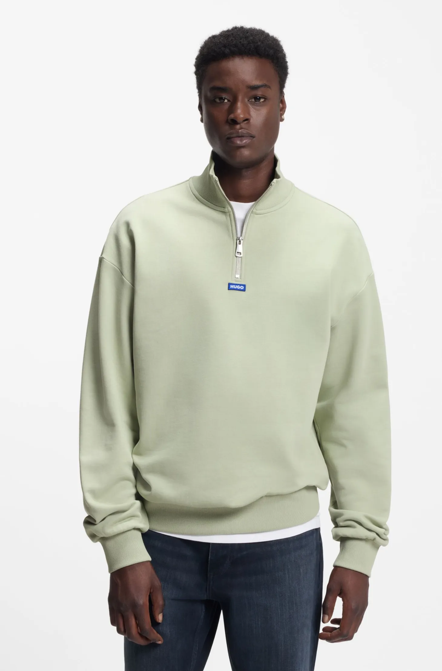 Cotton sweatshirt with zip neck and logo