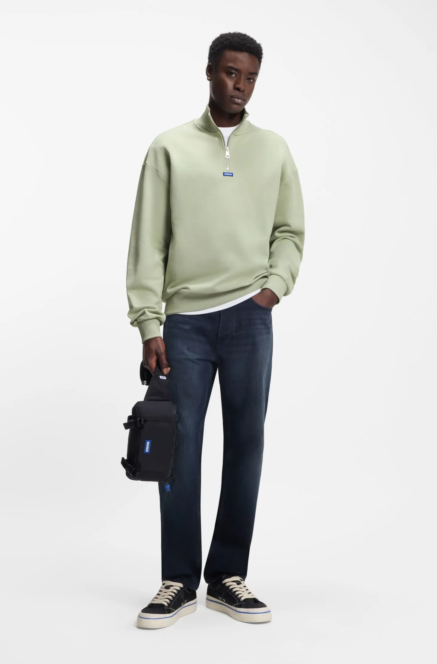Cotton sweatshirt with zip neck and logo