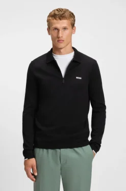 Cotton zip-neck sweater with contrast logo