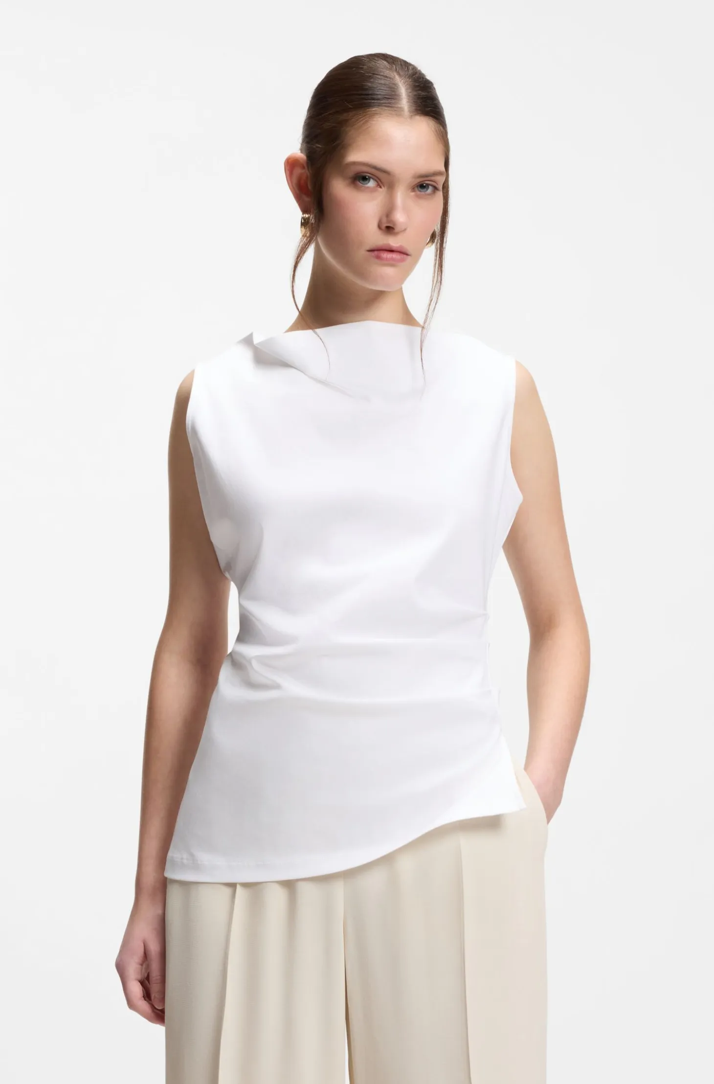 Cowl-neck asymmetric top in mercerised cotton