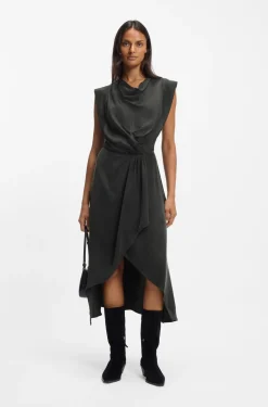 Cowl-neck dress with wrap skirt