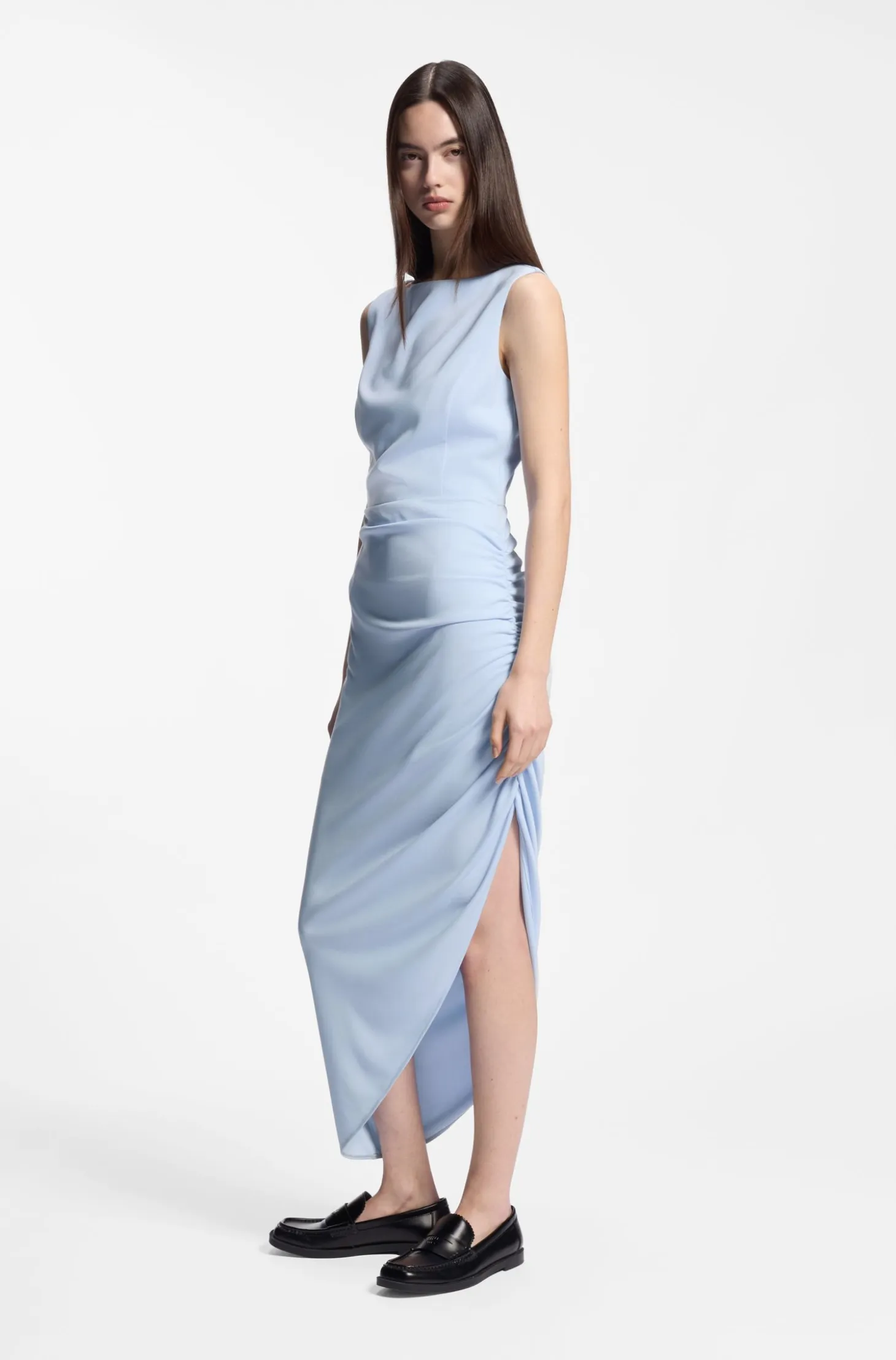 Crepe dress with gathered asymmetric hemline