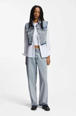 Cropped sleeveless vest in azure-blue denim