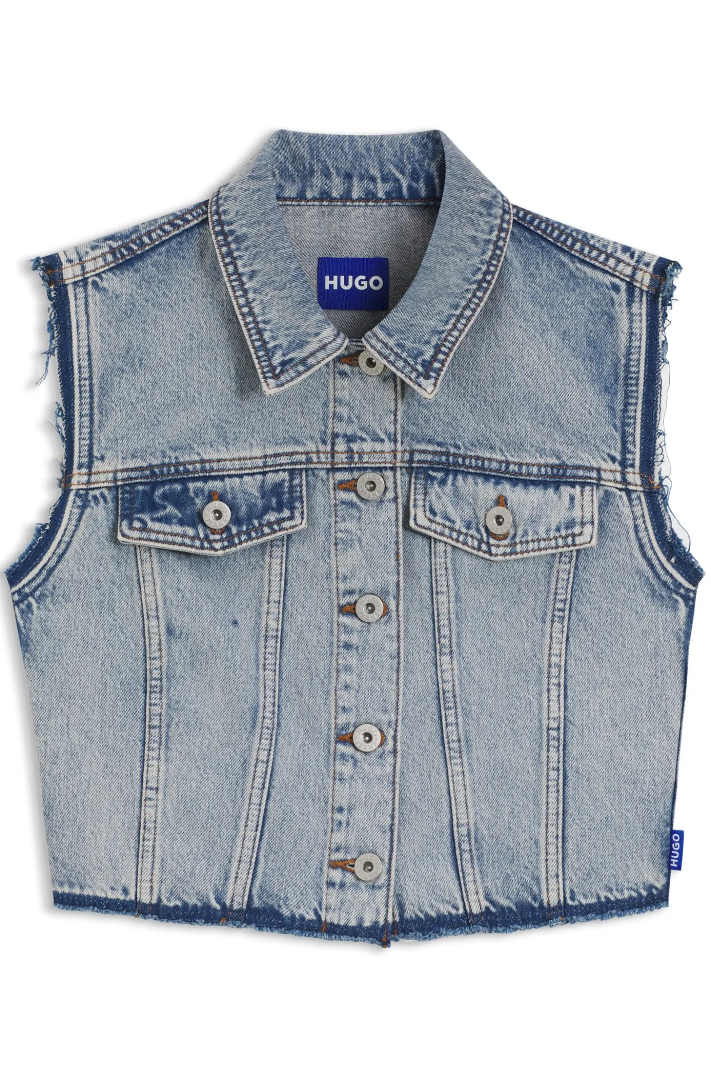 Cropped sleeveless vest in azure-blue denim