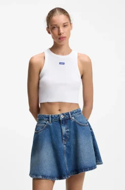 Cropped stretch-cotton tank top with blue logo label