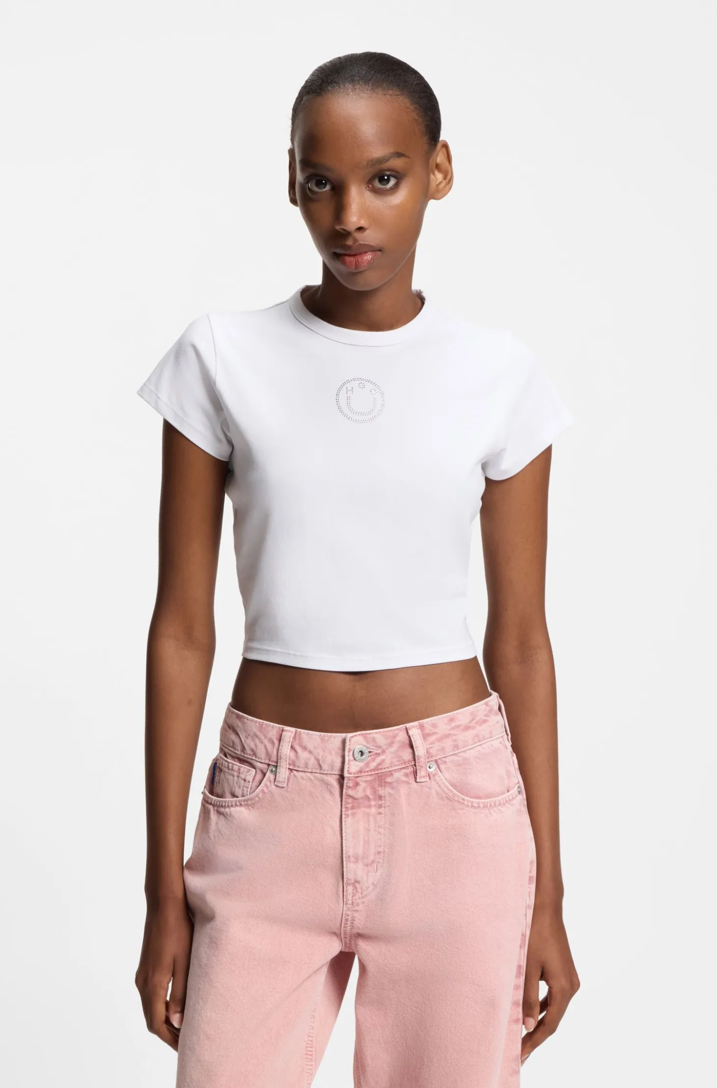 Cropped stretch-cotton T-shirt with rhinestone Happy HUGO logo