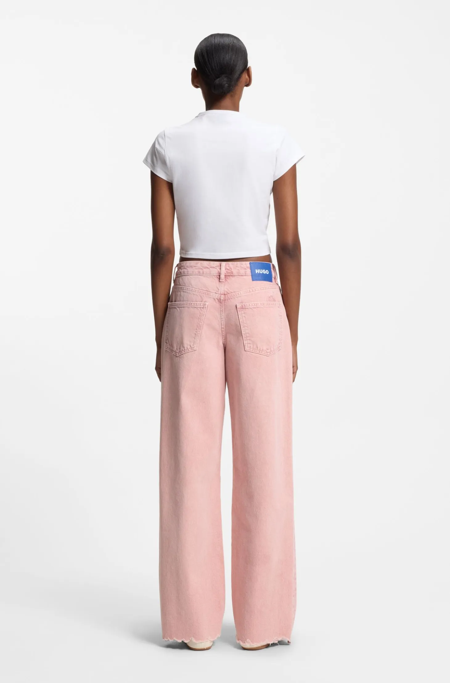 Cropped stretch-cotton T-shirt with rhinestone Happy HUGO logo