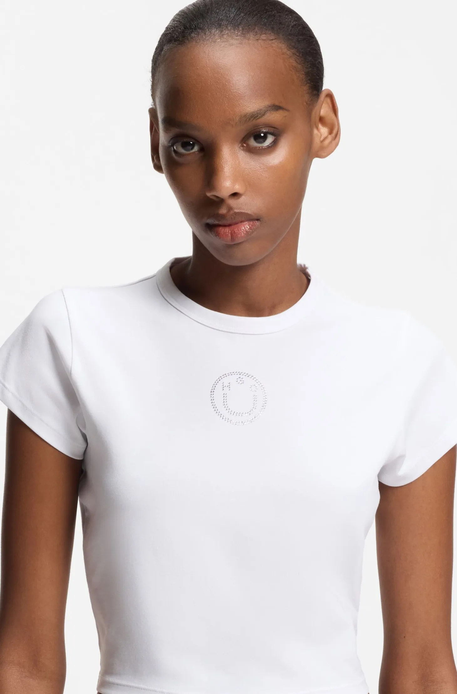 Cropped stretch-cotton T-shirt with rhinestone Happy HUGO logo