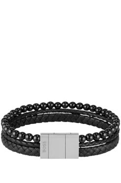Cuff with tiger beads and braided black leather