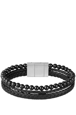 Cuff with tiger beads and braided black leather