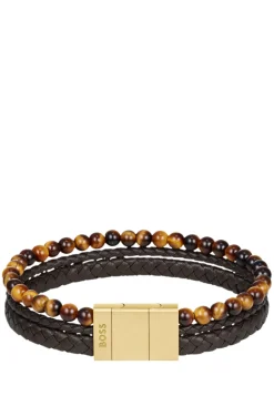 Cuff with tiger beads and braided brown leather