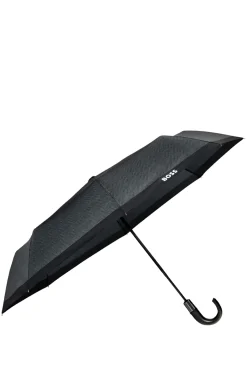 Dark-grey herringbone pocket umbrella with faux-leather handle