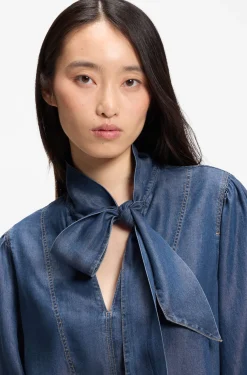 Denim-look blouse with scarf detail