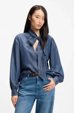 Denim-look blouse with scarf detail