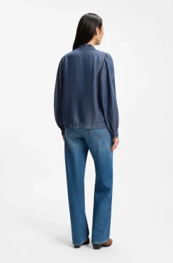 Denim-look blouse with scarf detail