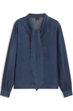 Denim-look blouse with scarf detail