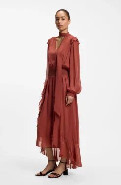 Detachable-scarf dress in crepe georgette