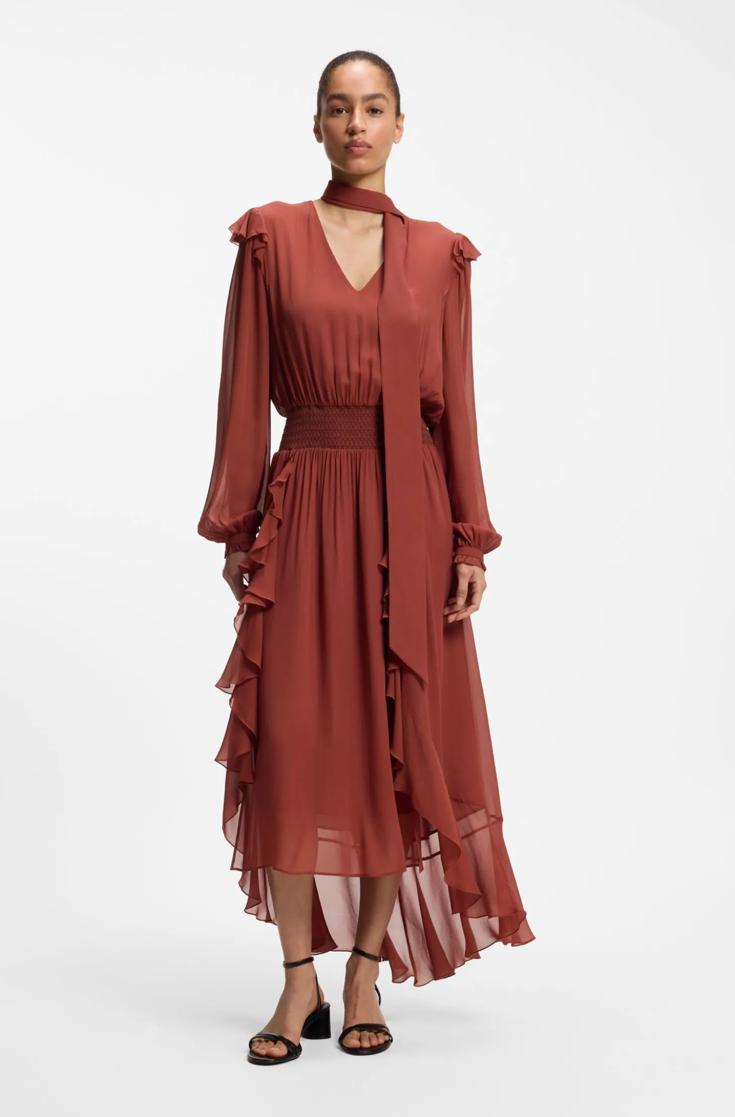 Detachable-scarf dress in crepe georgette