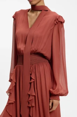 Detachable-scarf dress in crepe georgette