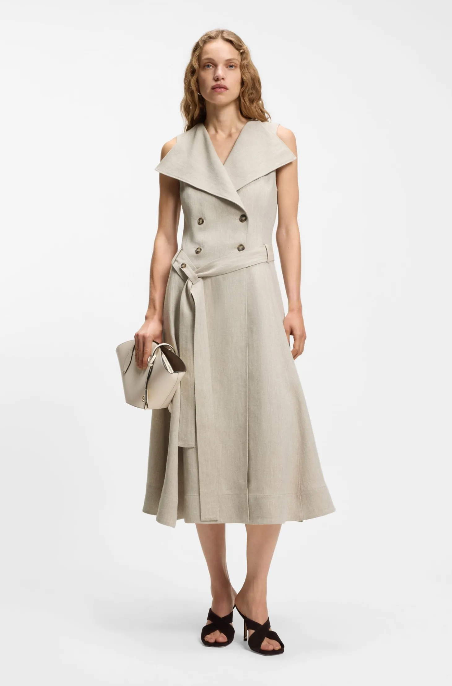 Double-breasted wrap dress in a herringbone linen blend