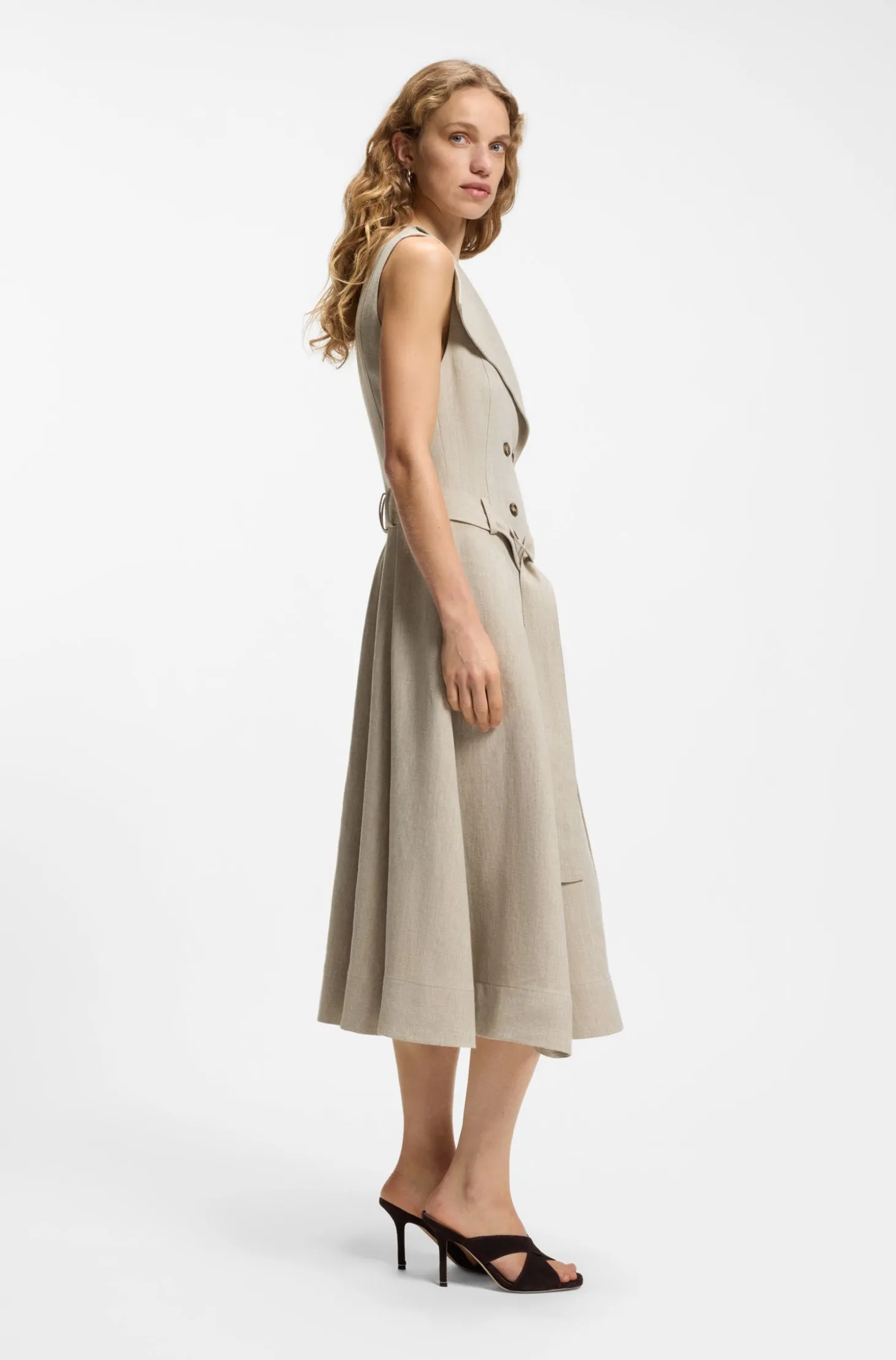 Double-breasted wrap dress in a herringbone linen blend