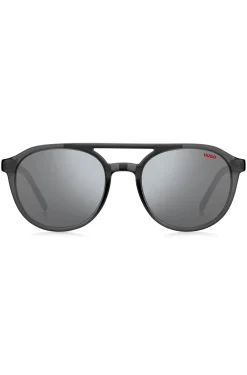 Double-bridge sunglasses in grey acetate with patterned temples