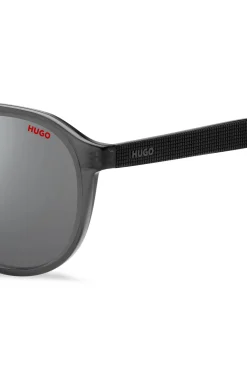 Double-bridge sunglasses in grey acetate with patterned temples