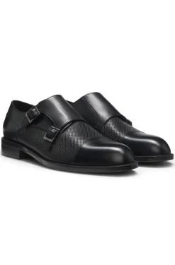 Double monk shoes in leather with perforated detail