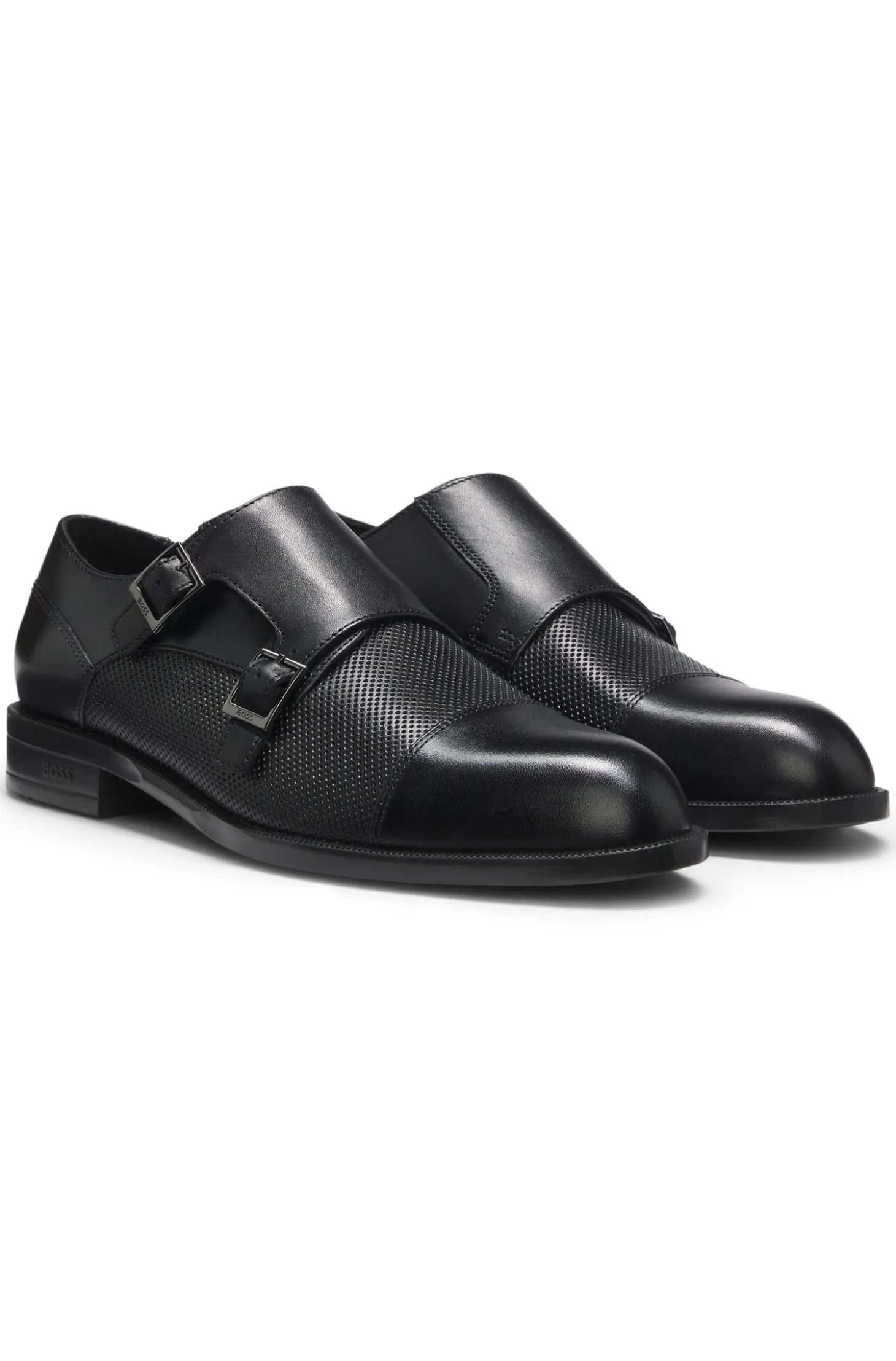 Double monk shoes in leather with perforated detail