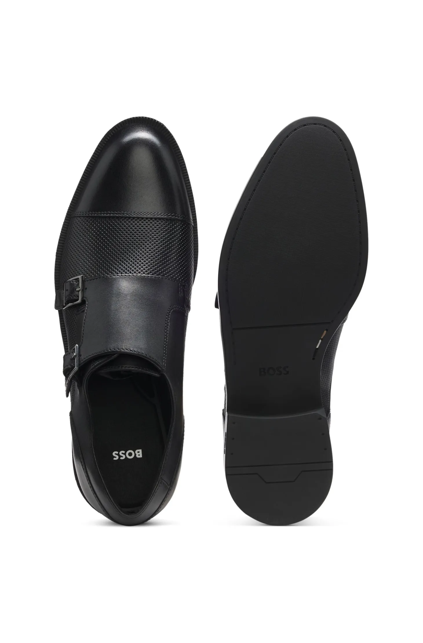 Double monk shoes in leather with perforated detail