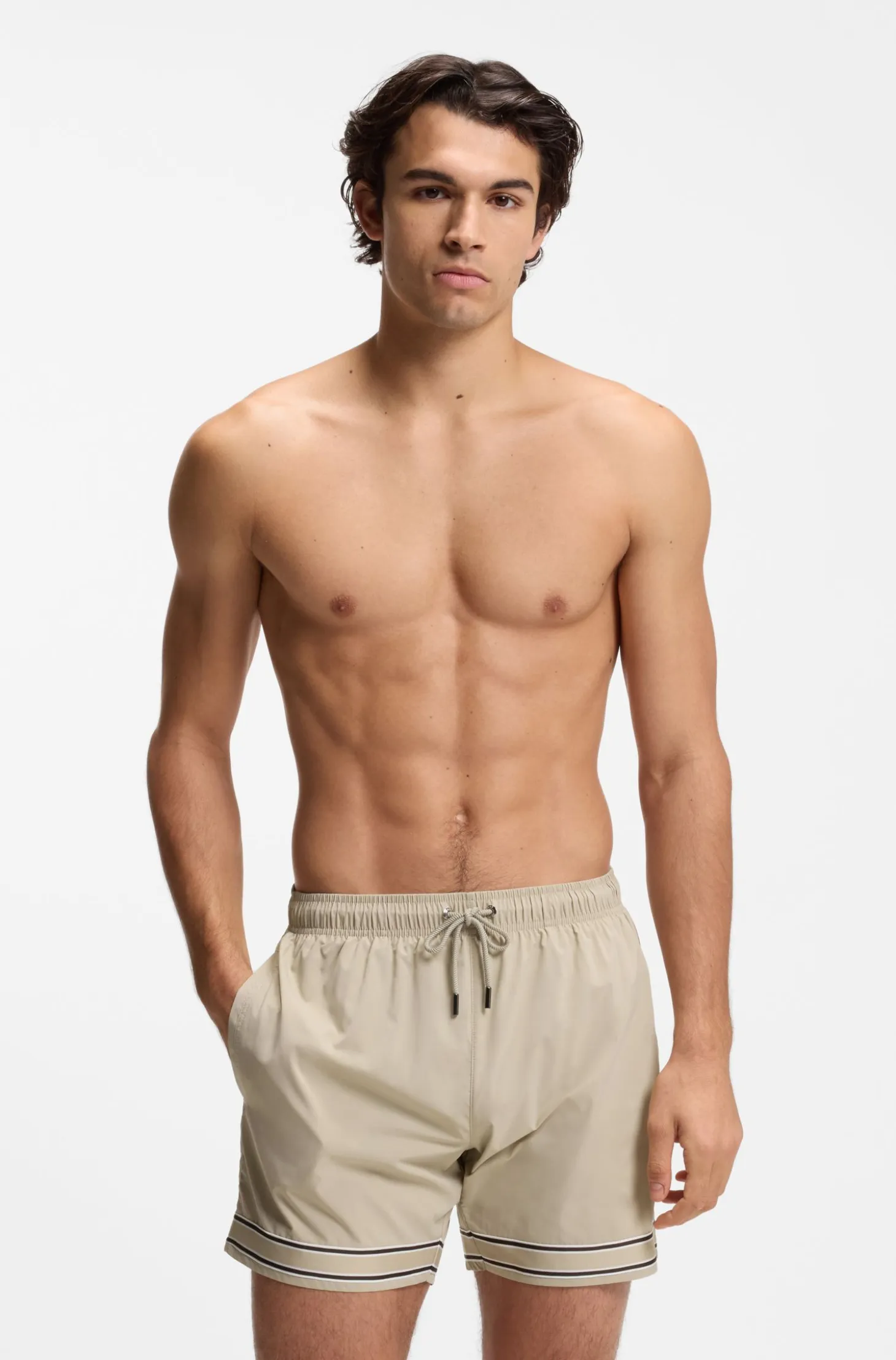 Drawstring swim shorts in stretch fabric with tape trim