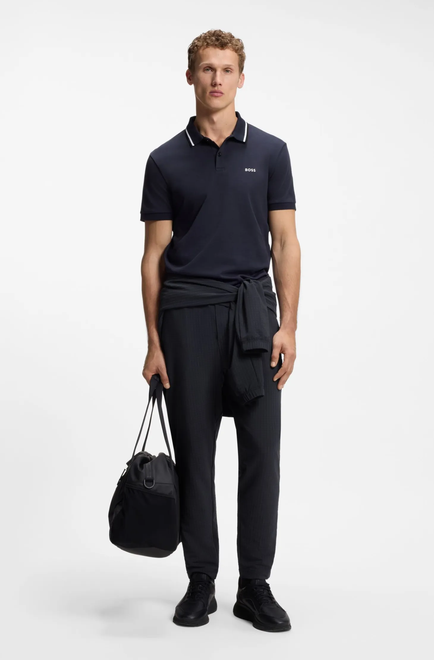 Drawstring trousers in stretch waffle fabric with framed zip