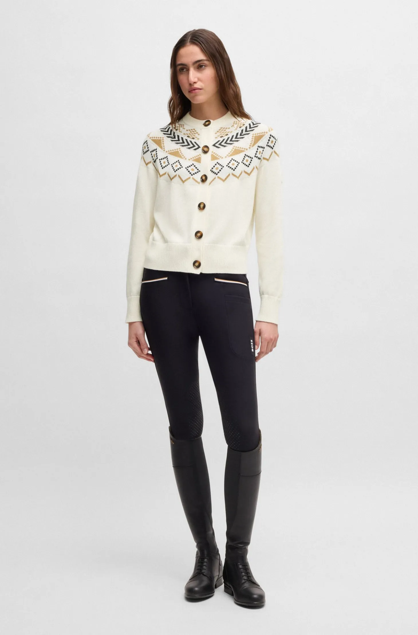 Equestrian cardigan with knitted pattern
