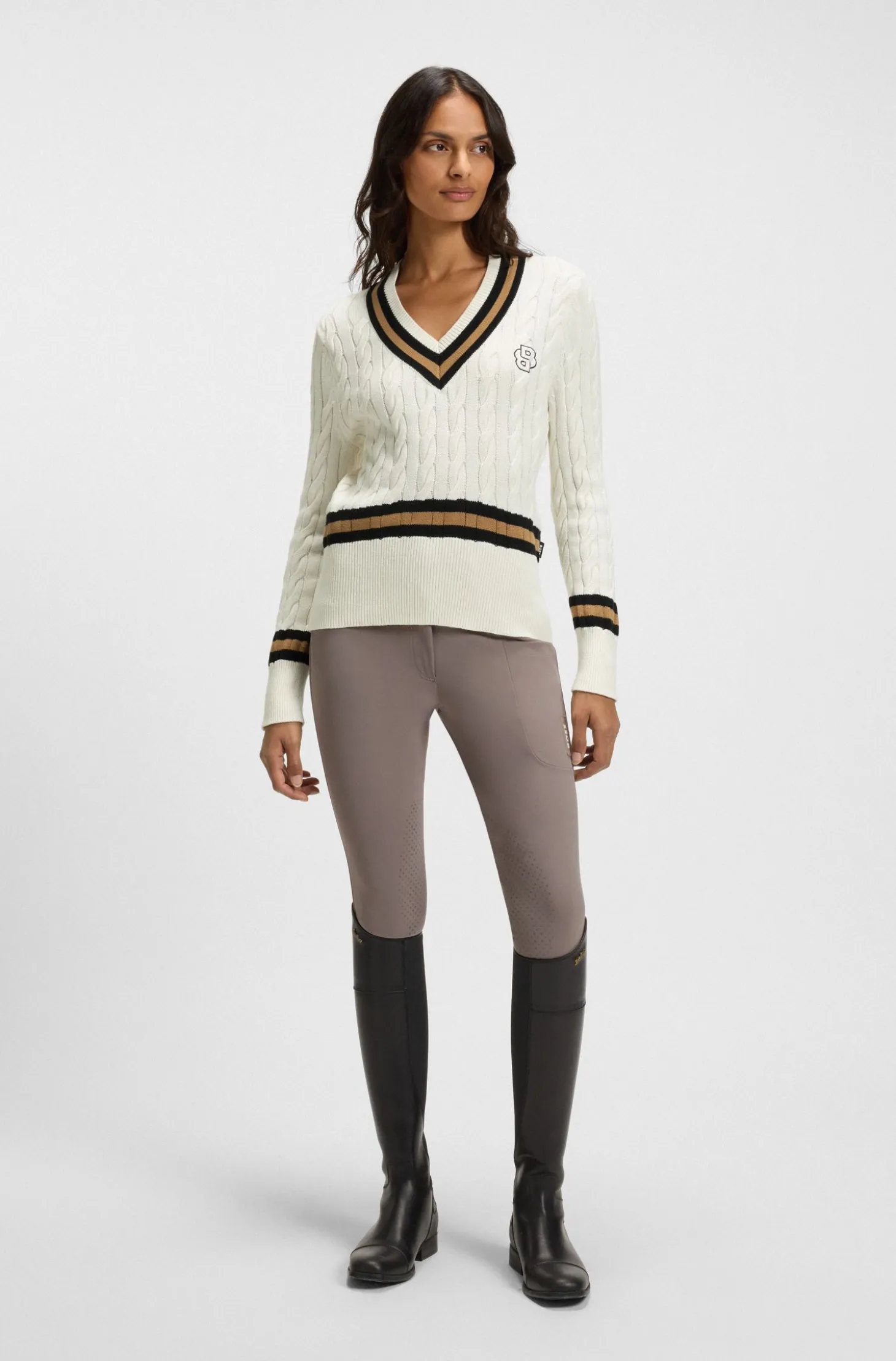 Equestrian cotton sweater with cable-knit structure