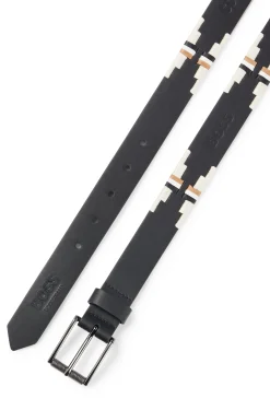 Equestrian leather belt with hand-embroidered signature stripes