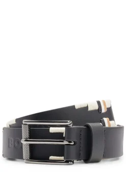 Equestrian leather belt with hand-embroidered signature stripes