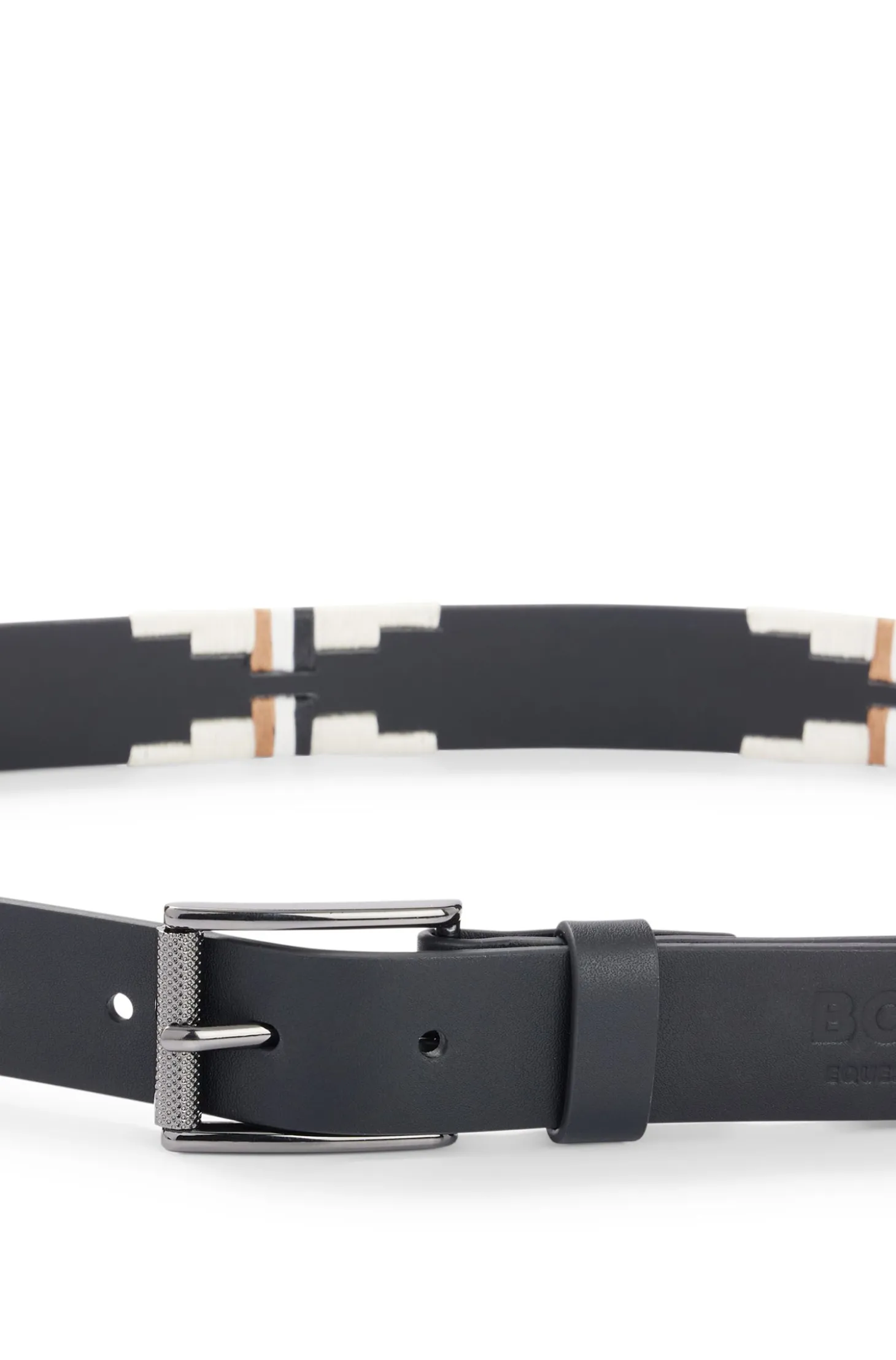 Equestrian leather belt with hand-embroidered signature stripes