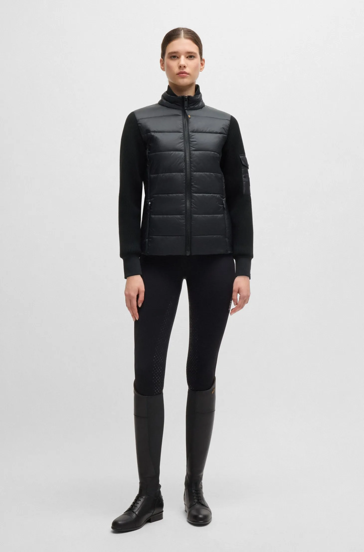 Equestrian mixed-material jacket with sleeve pocket