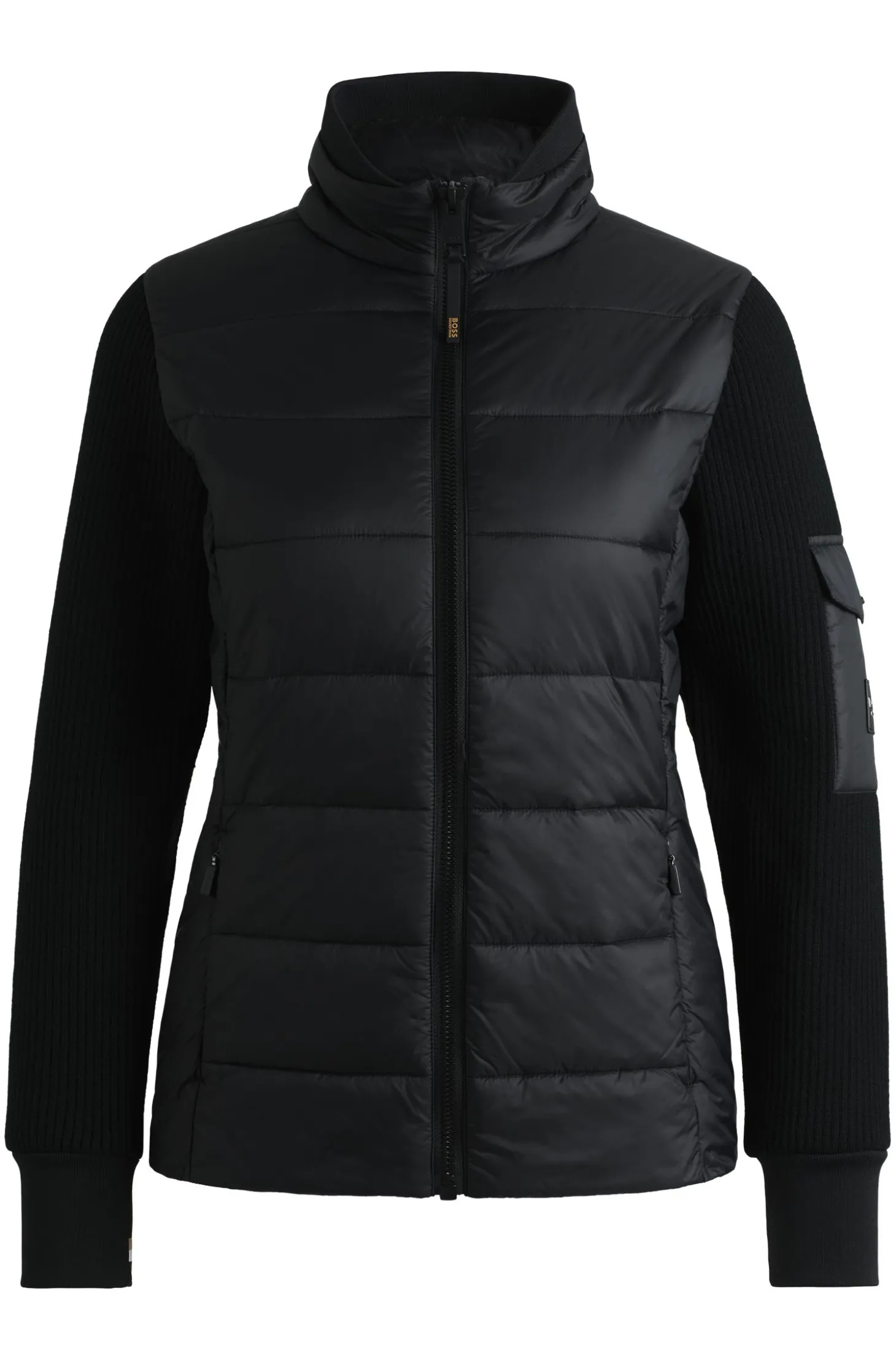 Equestrian mixed-material jacket with sleeve pocket