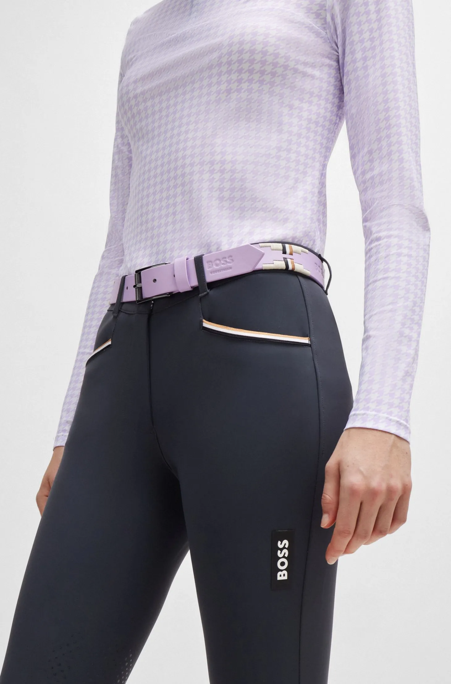 Equestrian polo belt with embroidered pattern