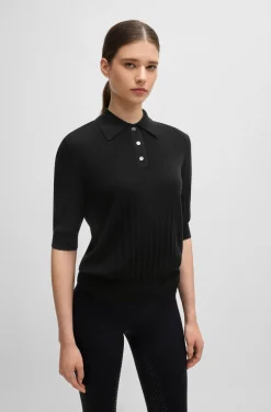Equestrian ribbed-knit polo with oversized collar